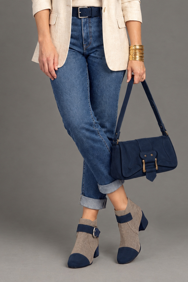 Women's navy blue and sand front-buckle ankle boots with round toe and low flared heel -Worn view